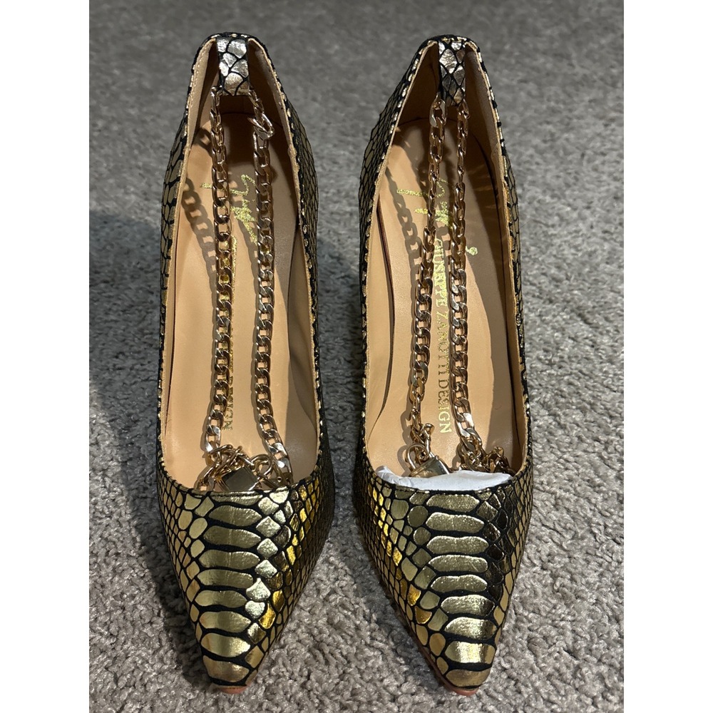 Giuseppe Zanotti Gold Snakeskin Embossed Chain Stiletto Pumps Heels Size 37